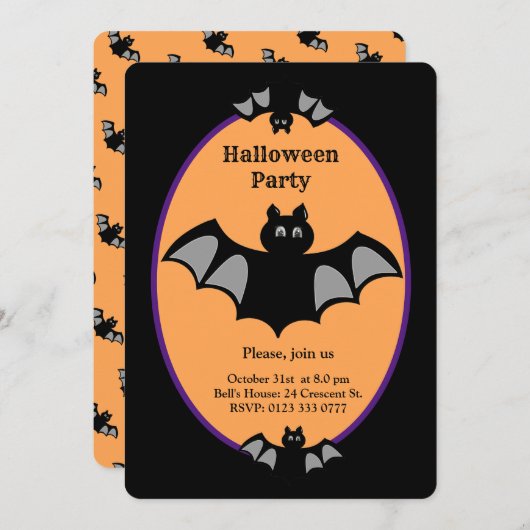 Moderne Halloween-Fledermaus in Schwarz und Orange Einladung (Vorne/Hinten)