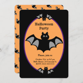 Moderne Halloween-Fledermaus in Schwarz und Orange Einladung