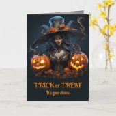 Moderne Halloween Hexe mit Jack o' Lanterns Karte (Gelbe Blume)