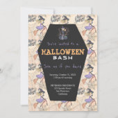 Moderne Halloween-Hexen mit Besen-Party Einladung (Vorderseite)