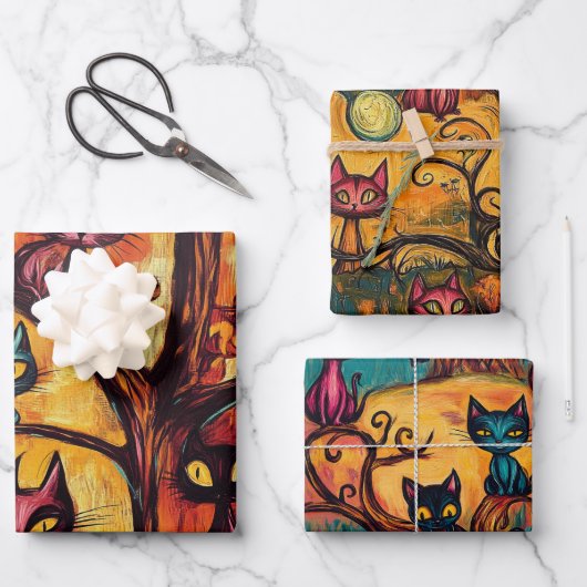 Moderne Halloween-Katzen Geschenkpapier Set (Vorderseite)