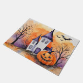 Moderne Halloween Orange Pumpkin Spuk House Bats Fußmatte (Schrägansicht)