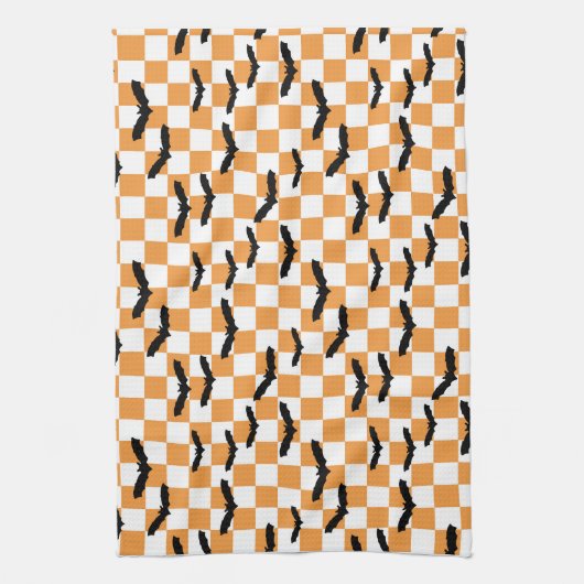 Moderne Halloween Spookobas Orange Checkerboard Geschirrtuch (Vertikal)