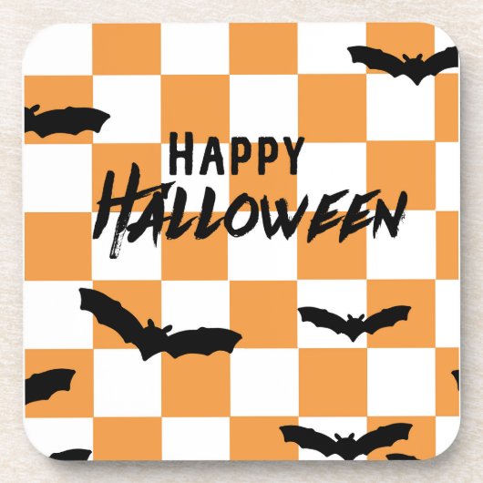 Moderne Halloween Spookobas Orange Checkerboard Getränkeuntersetzer (Vorderseite)
