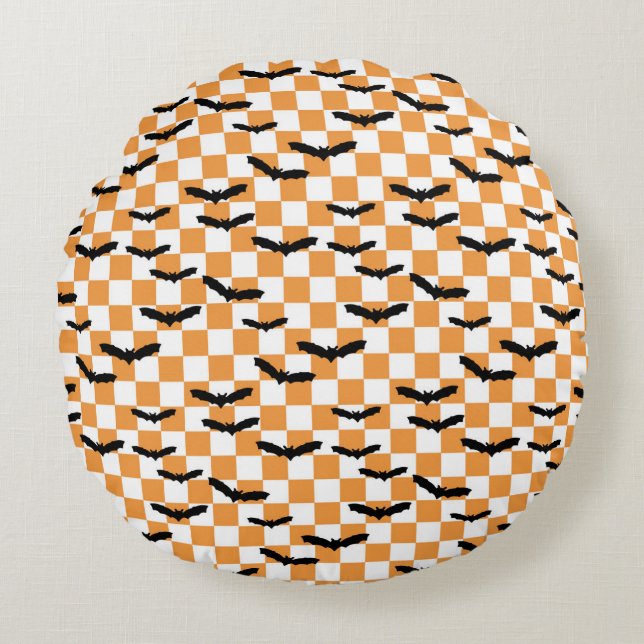 Moderne Halloween Spookobas Orange Checkerboard Rundes Kissen (Vorderseite)