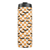 Moderne Halloween Spookobas Orange Checkerboard Thermosbecher (Vorderseite)