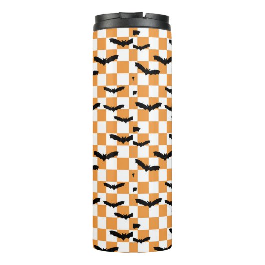 Moderne Halloween Spookobas Orange Checkerboard Thermosbecher (Rückseite)