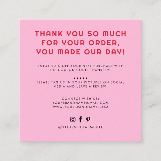 Moderne Handarbeit mit Liebe danke Quadratische Visitenkarte (Rückseite)