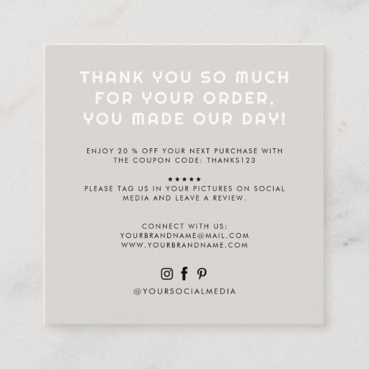 Moderne Handarbeit mit Liebe danke Quadratische Visitenkarte (Rückseite)