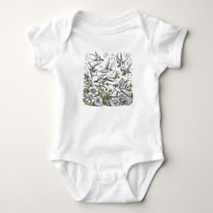 Moderne handbemalte Blume und Vogelfeld Baby Strampler
