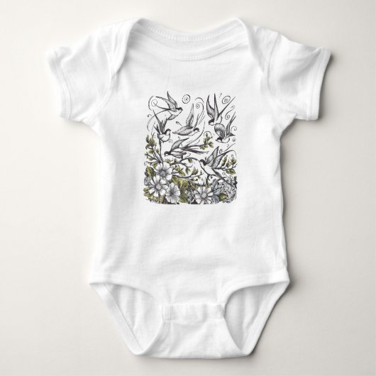 Moderne handbemalte Blume und Vogelfeld Baby Strampler (Vorderseite)