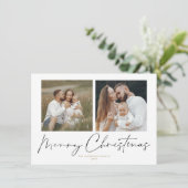 Moderne handgeschriebene 2 Foto Frohe Weihnachtska Einladung (Stehend Vorderseite)