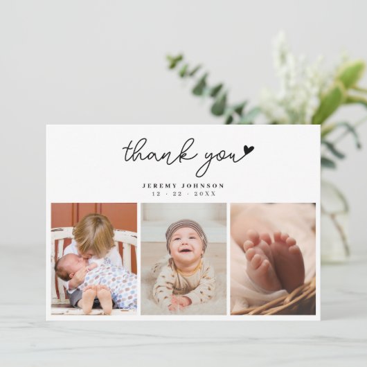 Moderne, handgeschriebene 3-Foto Babydusche Vielen Dankeskarte (Stehend Vorderseite)