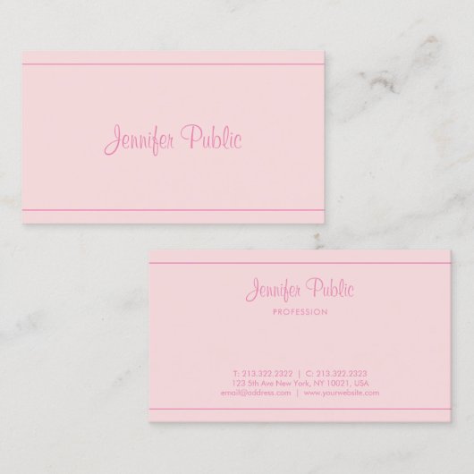 Moderne, handgeschriebene, elegante, rosa Script T Visitenkarte (Vorne/Hinten)