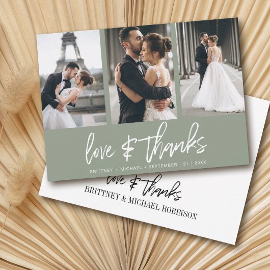Moderne handgeschriebene Foto Collage Sage Green Dankeskarte