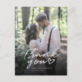 Moderne handgeschriebene Foto Hochzeit Vielen Dank Postkarte (Vorderseite)