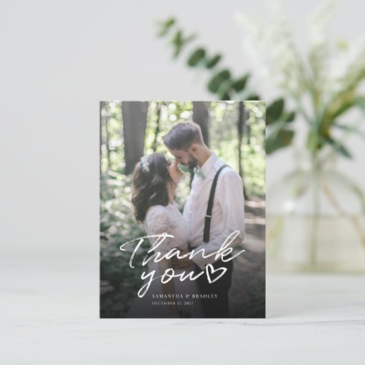 Moderne handgeschriebene Foto Hochzeit Vielen Dank Postkarte (Stehend Vorderseite)