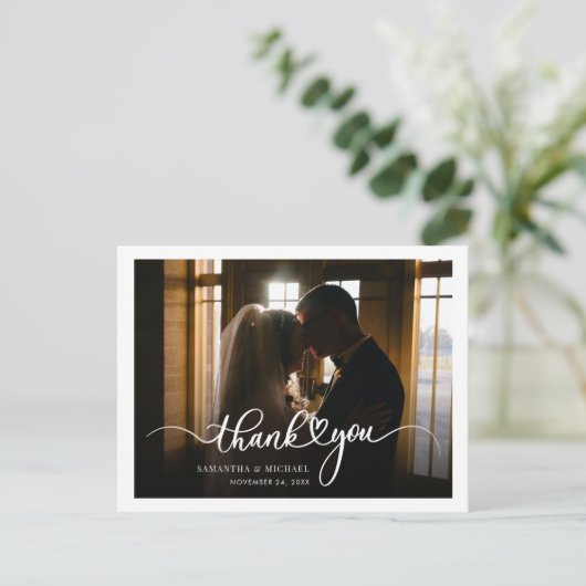 Moderne handgeschriebene Foto Hochzeit Vielen Dank Postkarte (Stehend Vorderseite)