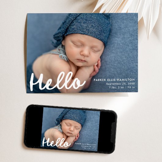 Moderne handgeschriebene Hallo Foto Collage Birth Ankündigung