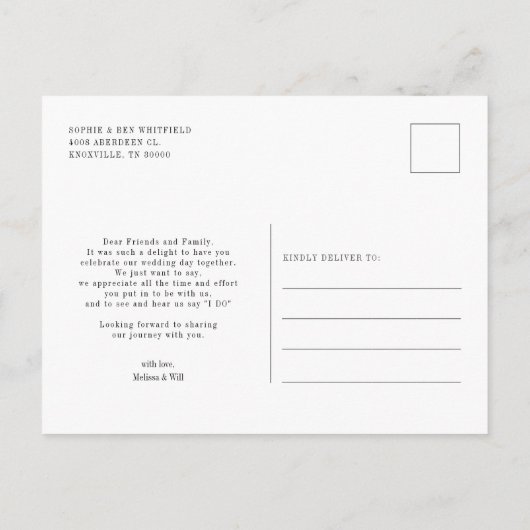 Moderne handgeschriebene Hochzeit Danke Postkarte (Rückseite)