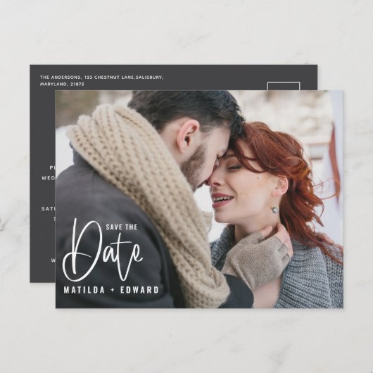 Moderne handgeschriebene monochrome Foto Hochzeits Postkarte (Vorne/Hinten)