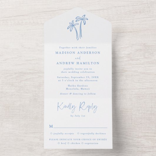 Moderne handGezeichnet Blaupalmen Hochzeiten All In One Einladung (Innen)