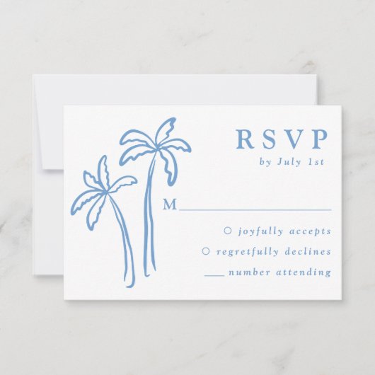 Moderne handGezeichnet Blaupalmen Hochzeiten RSVP Karte (Vorderseite)