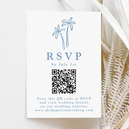 Moderne handGezeichnet Blaupalmen QR Code Hochzeit RSVP Karte