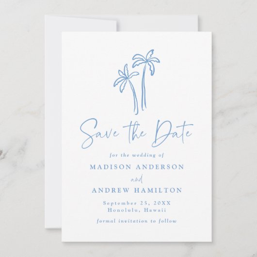 Moderne handGezeichnet Blue Palm Trees Foto Hochze Save The Date (Vorderseite)