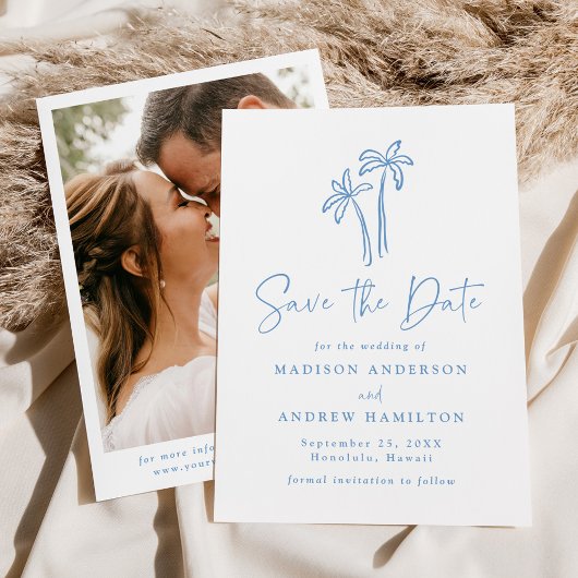 Moderne handGezeichnet Blue Palm Trees Foto Hochze Save The Date