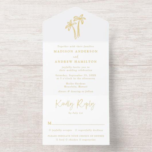 Moderne, handGezeichnet Goldfleckenpfalmhochzeit All-in-One-Einladung (Innenseite)