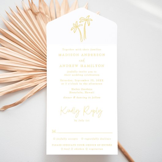 Moderne, handGezeichnet Goldfleckenpfalmhochzeit All-in-One-Einladung