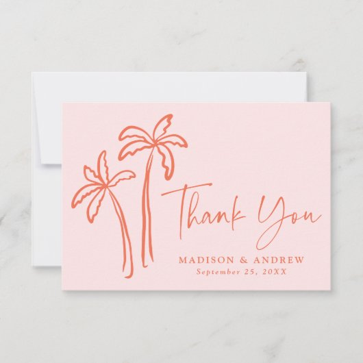 Moderne, handGezeichnet Palmen, rosa Hochzeit Dankeskarte (Vorderseite)