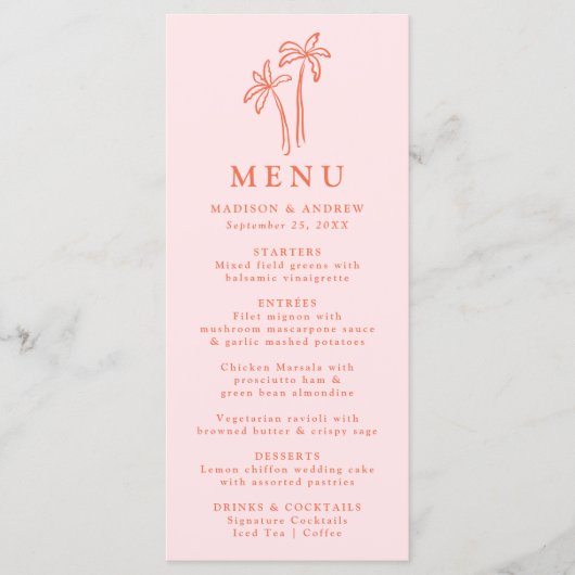 Moderne, handGezeichnet Palmen, rosa Hochzeit Menükarte (Vorderseite)