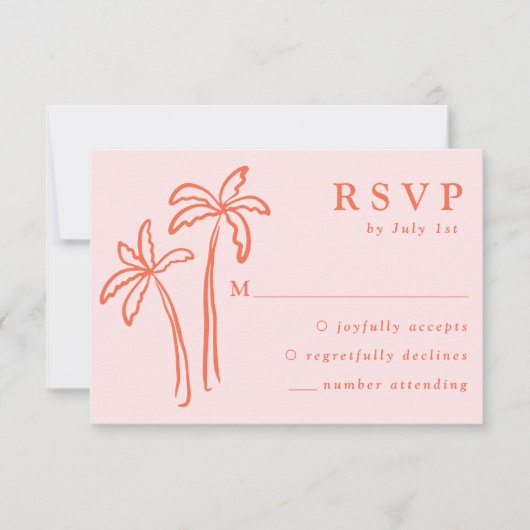 Moderne, handGezeichnet Palmen, rosa Hochzeit RSVP Karte (Vorderseite)