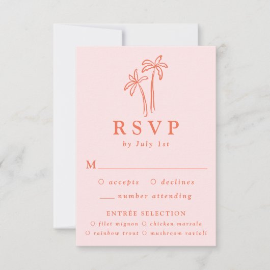 Moderne, handGezeichnet Palmen, rosa Hochzeit RSVP Karte (Vorderseite)