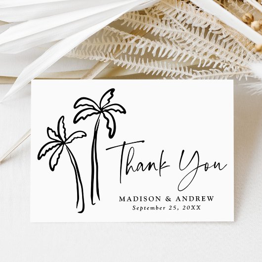 Moderne, handGezeichnet, schwarze Palmen Hochzeite Dankeskarte