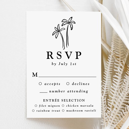 Moderne, handGezeichnet, schwarze Palmen Hochzeite RSVP Karte