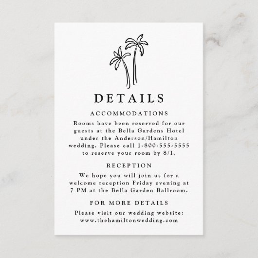 Moderne handGezeichnet Schwarze Palmen Hochzeitsde Begleitkarte (Vorderseite)