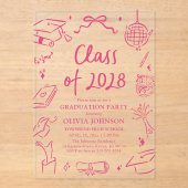 Moderne handgezeichnete Abschlussfeier Klasse 2028 Acryleinladungen (Vorderseite)