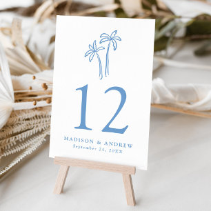 Moderne handgezeichnete blaue Palmen Hochzeit Tischnummer