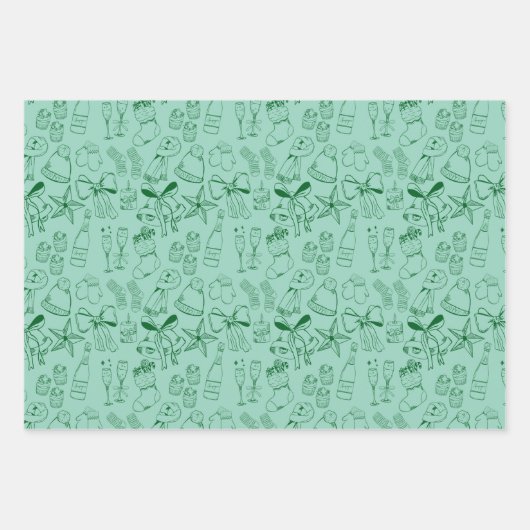 Moderne handgezeichnete blaugrüne Weihnachtsfeier Geschenkpapier Set (Vorderseite 2)