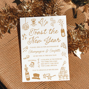 Moderne handgezeichnete Gold-Doodle-Silvesterparty Einladung