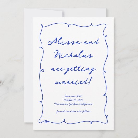 Moderne handgezeichnete, helle blaue Monogramm Hoc Save The Date (Vorderseite)