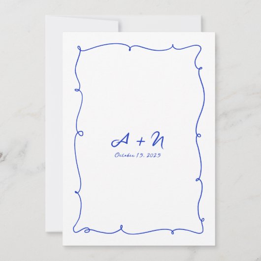 Moderne handgezeichnete, helle blaue Monogramm Hoc Save The Date (Rückseite)