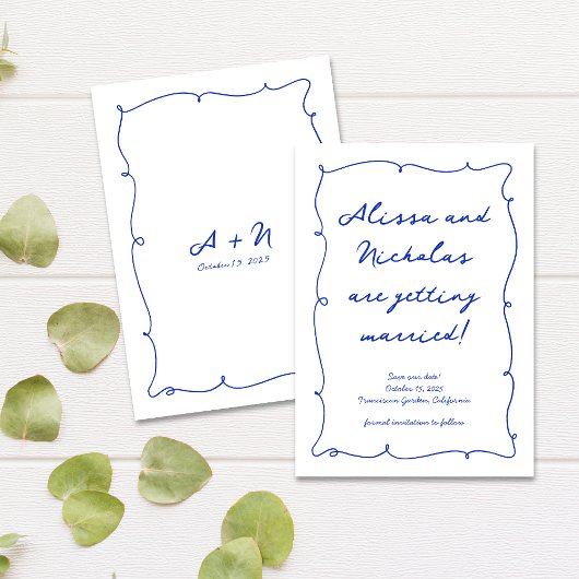Moderne handgezeichnete, helle blaue Monogramm Hoc Save The Date