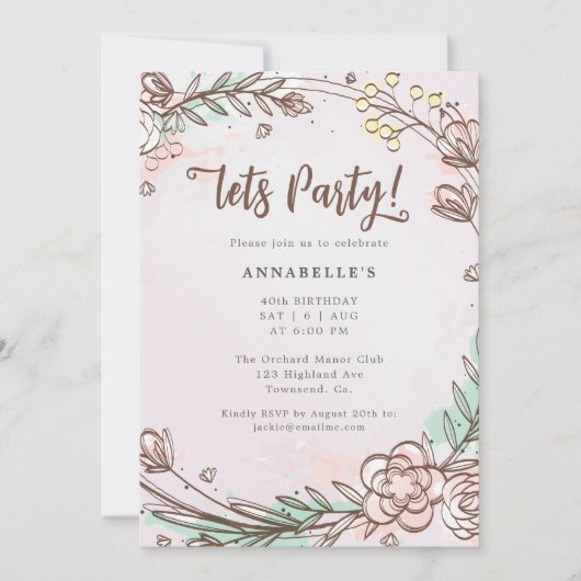 Moderne, handgezeichnete, patelrosa Blume Einladun (Vorderseite)