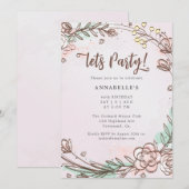 Moderne, handgezeichnete, patelrosa Blume Einladun (Vorne/Hinten)