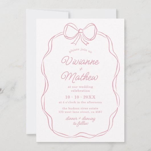 Moderne handgezeichnete rosa Bow-Hochzeit Einladung (Vorderseite)