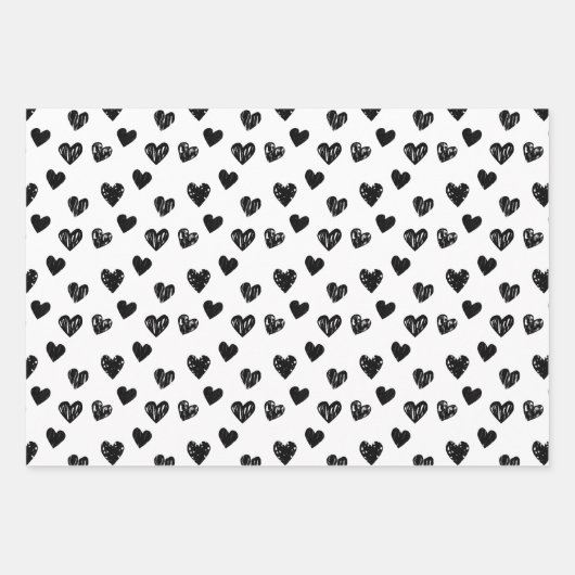 Moderne, handgezeichnete schwarz-weiße Herzen Geschenkpapier Set (Vorderseite)